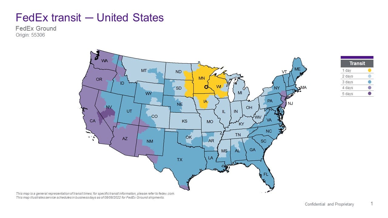 FedEx map of estimated shipping time